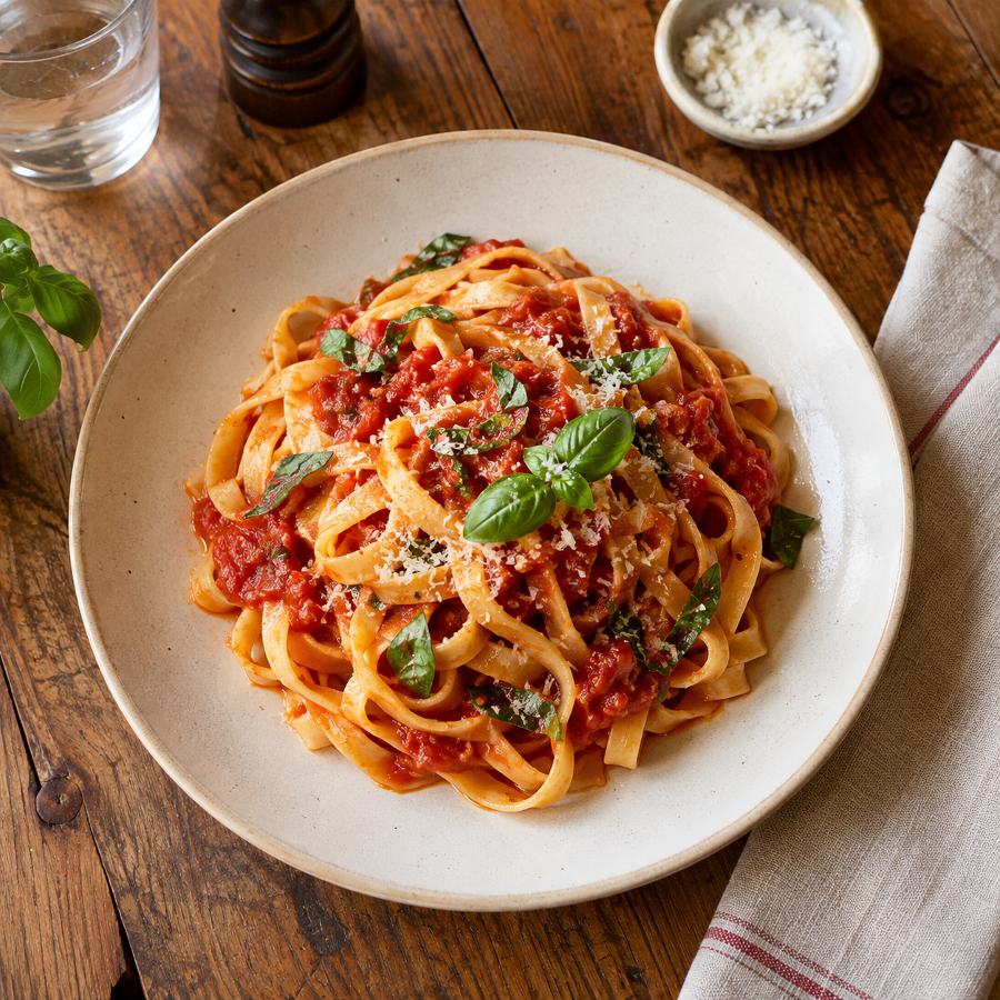 Hausgemachte Pasta mit Tomaten und Basilikum
